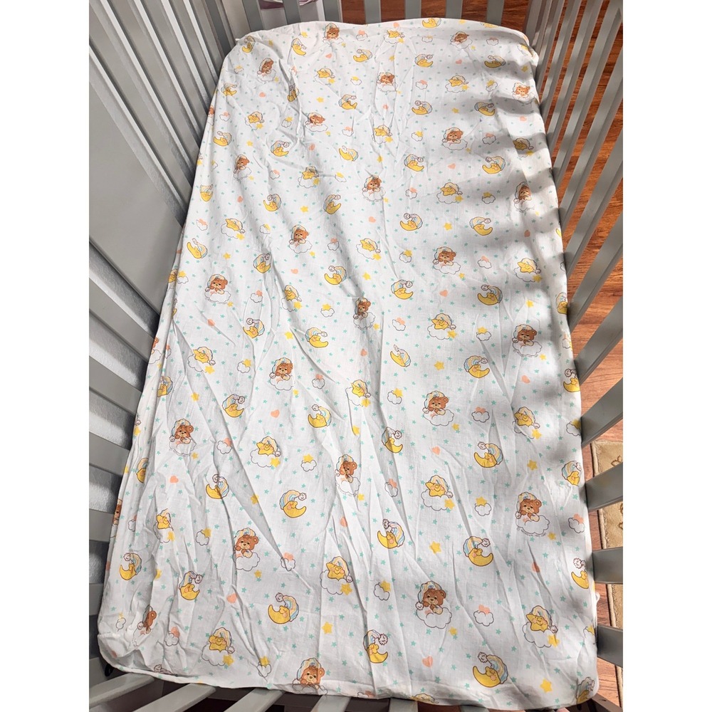 Vintage Baby Morgan Crib Sheet Sleepy Bear Moon Star Pastel 1985 Retro Nursery